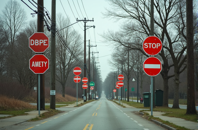 A road lined with numerous mixed and incorrect traffic signs, creating a confusing scene.