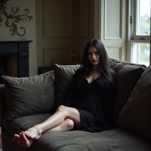 Caucasian goth woman with dark makeup sits barefoot on a gothic couch. Stylish living room with natural light and elegant decor. Emphasize the gothic aesthetic and comfortable setting.