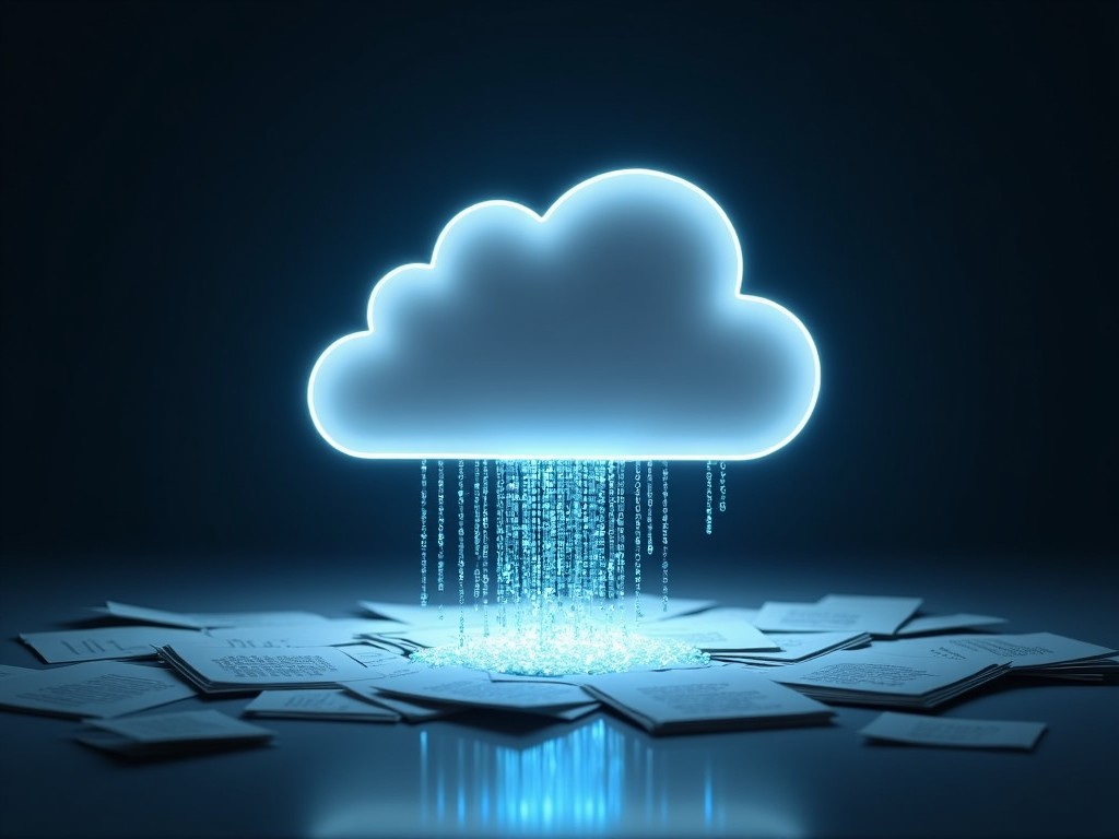 The image depicts a stylized cloud glowing in blue, symbolizing cloud computing. Below the cloud, numerous sheets of paper are scattered, suggesting traditional information being transformed into digital data. Cascading down from the cloud are binary codes, representing data transfer. The scene is set in a dark background, emphasizing the luminous cloud. This visual symbolizes the modern shift from physical to digital storage and processing.