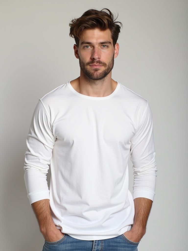 Model wearing a white long-sleeve t-shirt. Casual appearance. Standing against a neutral background. Focus on clothing details.