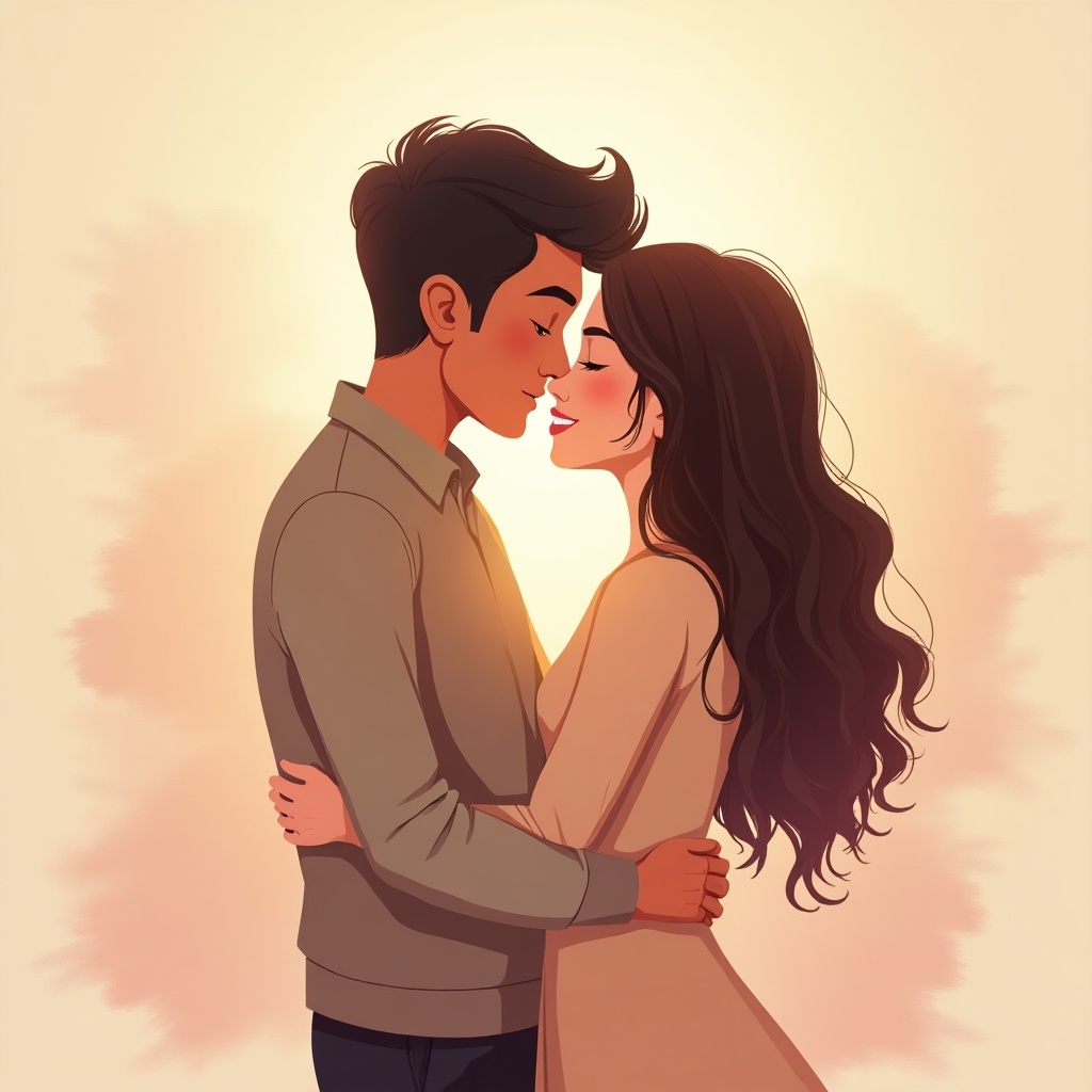 Illustration of a couple embracing with a forehead kiss in a warm atmosphere. Couple has soft features and long hair. Romantic and intimate setting. Background is lightly colored.