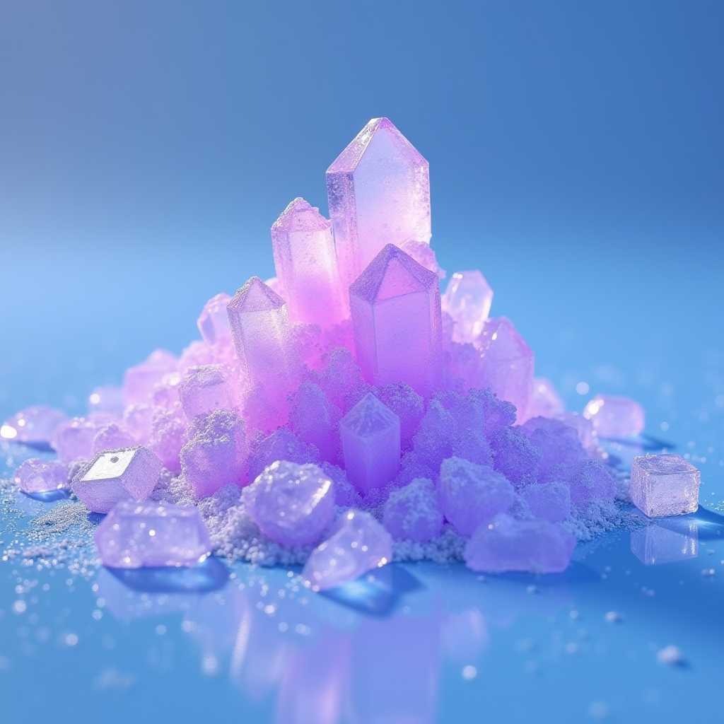 A vibrant cluster of glowing purple crystals sits atop a smooth blue surface, surrounded by smaller crystal shards and powdered particles, creating an ethereal and mystical atmosphere.