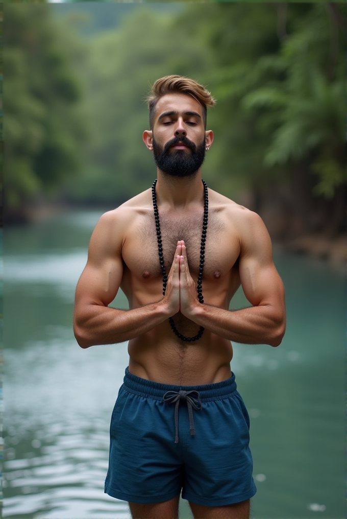 A shirtless man with closed eyes and folded hands stands calmly by a riverside, surrounded by lush greenery.