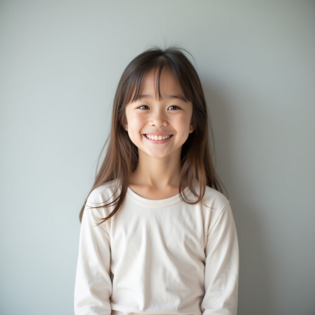 A young girl stands upright against a light gray background. She wears white underwear. The lighting is soft and even. The girl's pose is confident and relaxed. The style is minimalistic emphasizing the subject.