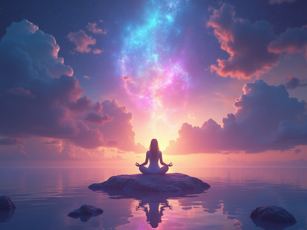 A person in a meditative pose sits on a rock surrounded by calm waters, bathed in the ethereal glow of a vibrant sky. The clouds are lit with hues of purple, pink, and blue, blending seamlessly into a cosmic scene that radiates tranquility and wonder. The serene reflection on the water enhances the overall dreamy and mystical atmosphere.