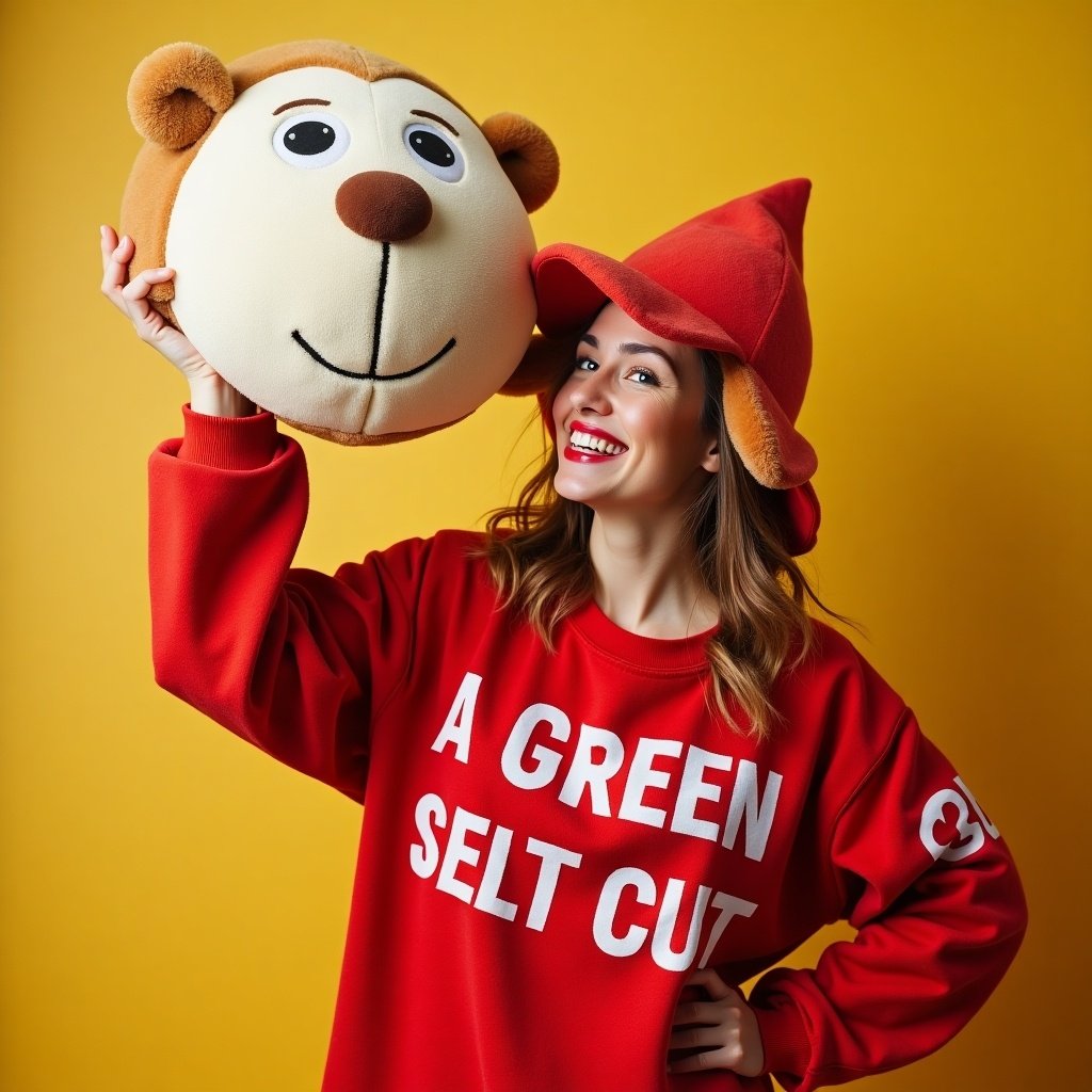 A woman in a mascot costume holds the head of the costume. The background is bright yellow. The woman wears a red outfit with text. The head is cartoonish and cheerful. A playful scene with vibrant colors.