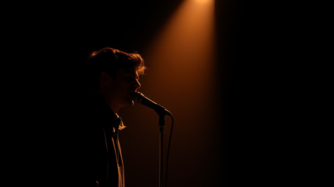 A silhouette of a singer performing under a warm spotlight