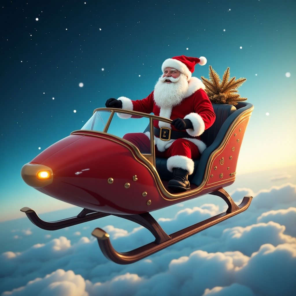 Santa Claus in a futuristic solar powered sleigh flying above clouds. Bright blue sky and cheerful ambiance. Sleigh has modern design with a festive touch.