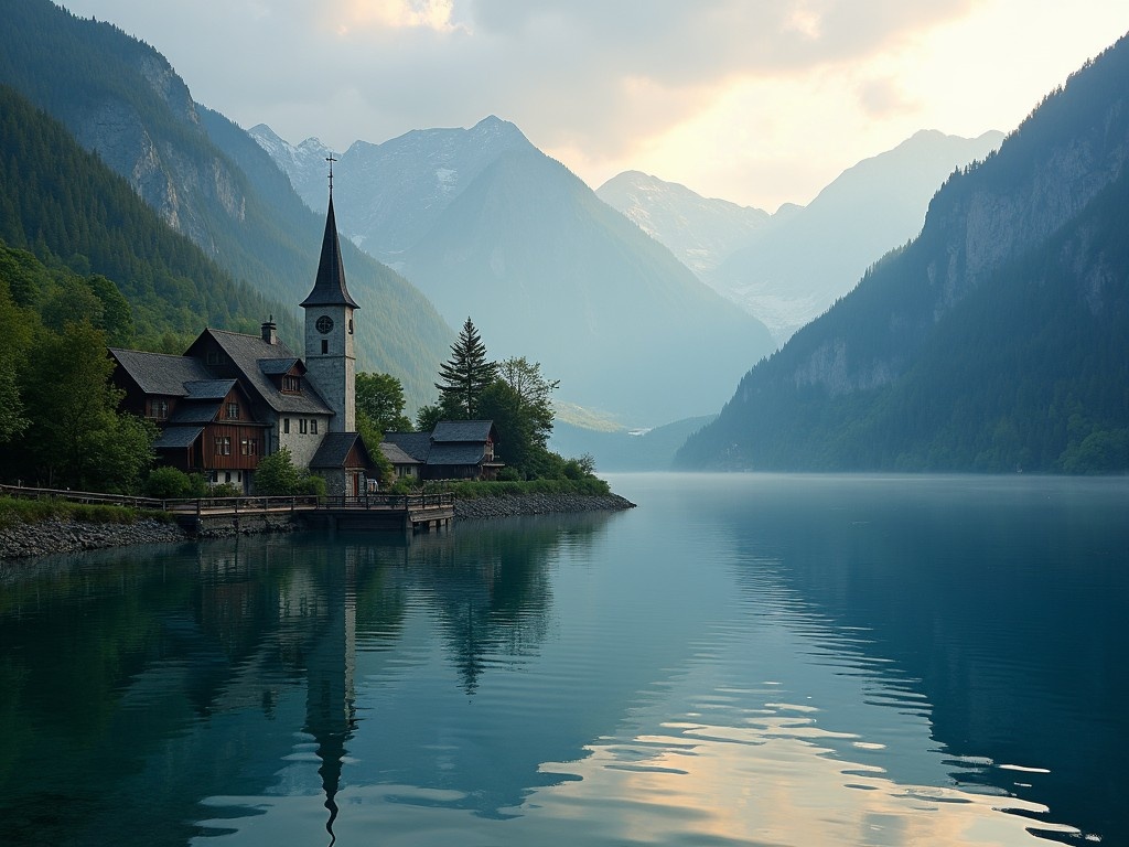 This image depicts a tranquil mountain village situated by a calm lake during dusk. The village features charming wooden houses and a distinctive church with a tall steeple. Surrounding the village are vibrant forests and majestic mountain peaks that add to the stunning backdrop. The soft light of dusk casts a warm glow and gentle shadows, enhancing the peaceful atmosphere. The still water reflects the beauty of the scene, making it a perfect spot for relaxation and appreciation of nature.