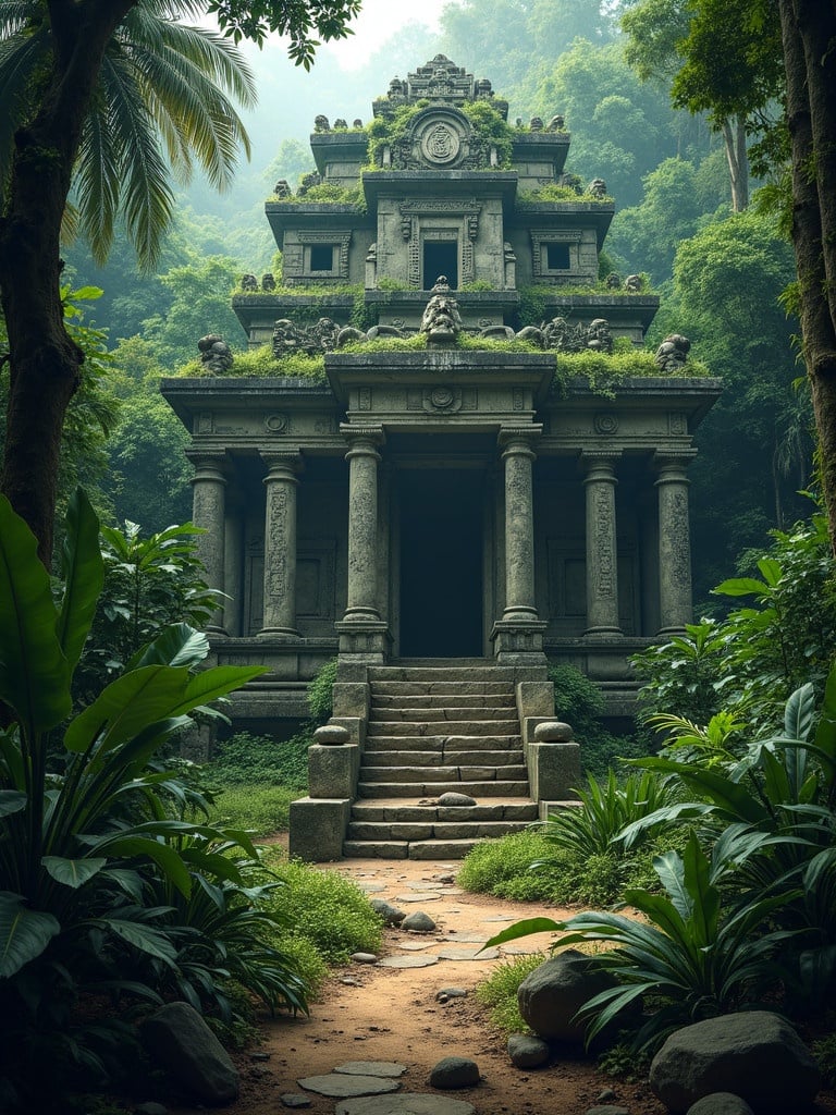 Ancient temple hidden in a jungle jungle. Surrounded by lush greenery and tall trees. Steps leading to the entrance. Decorative sculptures on the temple. Scene evokes a sense of adventure and mystery.