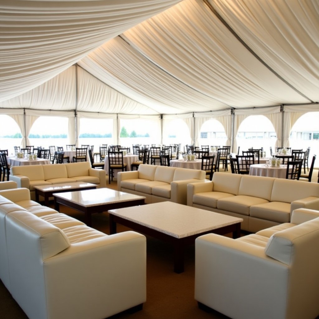 Interior of a large 120x60 tent. Highboy cocktail tables and white leather soft seating arranged for an event. Elegant and spacious setup with tables and chairs in the background.