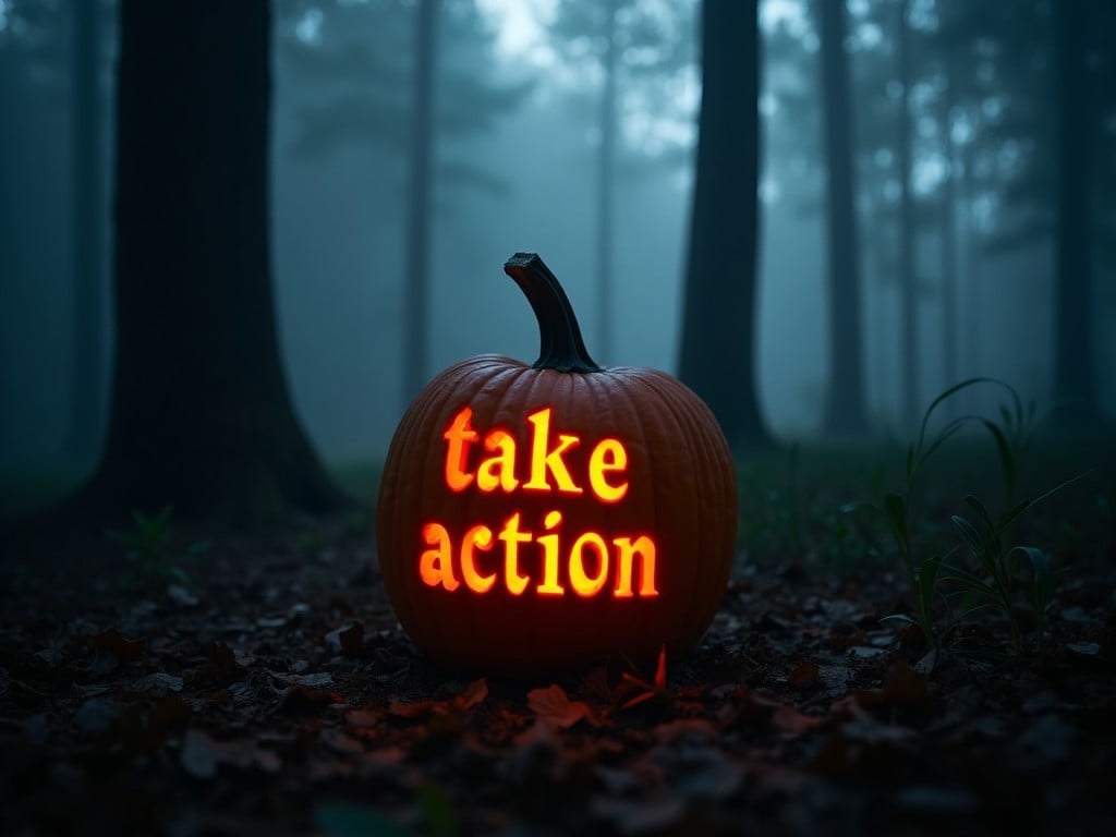 A carved pumpkin sits prominently in a dark, misty forest. The pumpkin is illuminating the surroundings with its bright orange glow. The words 'take action' are carved into the pumpkin, enhancing its visibility. Surrounding the pumpkin, trees loom in the fog, creating a mysterious atmosphere. The scene evokes a sense of urgency and inspiration against a classic Halloween backdrop.