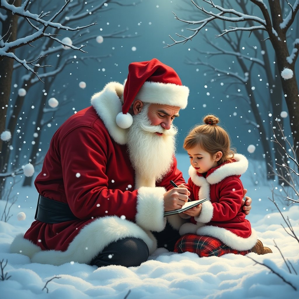 Santa Claus writes in the snow with a child beside him in a winter landscape. Snowflakes gently fall around them. Christmas spirit and warmth are present in the scene.