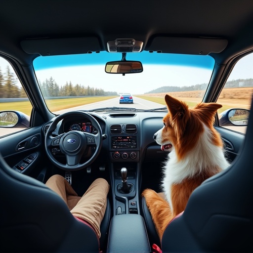 An Australian shepherd dog sits in the driver's seat of a Subaru drift car. The view is a point of view perspective, showing the highway ahead.
