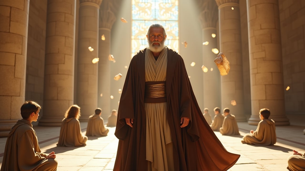 Cinematic 8K image of an ancient Jedi Temple. Temple constructed of white and beige marble with towering columns. Wise Jedi Master in flowing brown robe with a golden sash stands in the foreground. Young Jedi apprentices in beige tunics are seated in meditation. Hovering stones glow faintly with the power of the Force. Peaceful atmosphere with sunlight streaming through tall stained-glass windows.