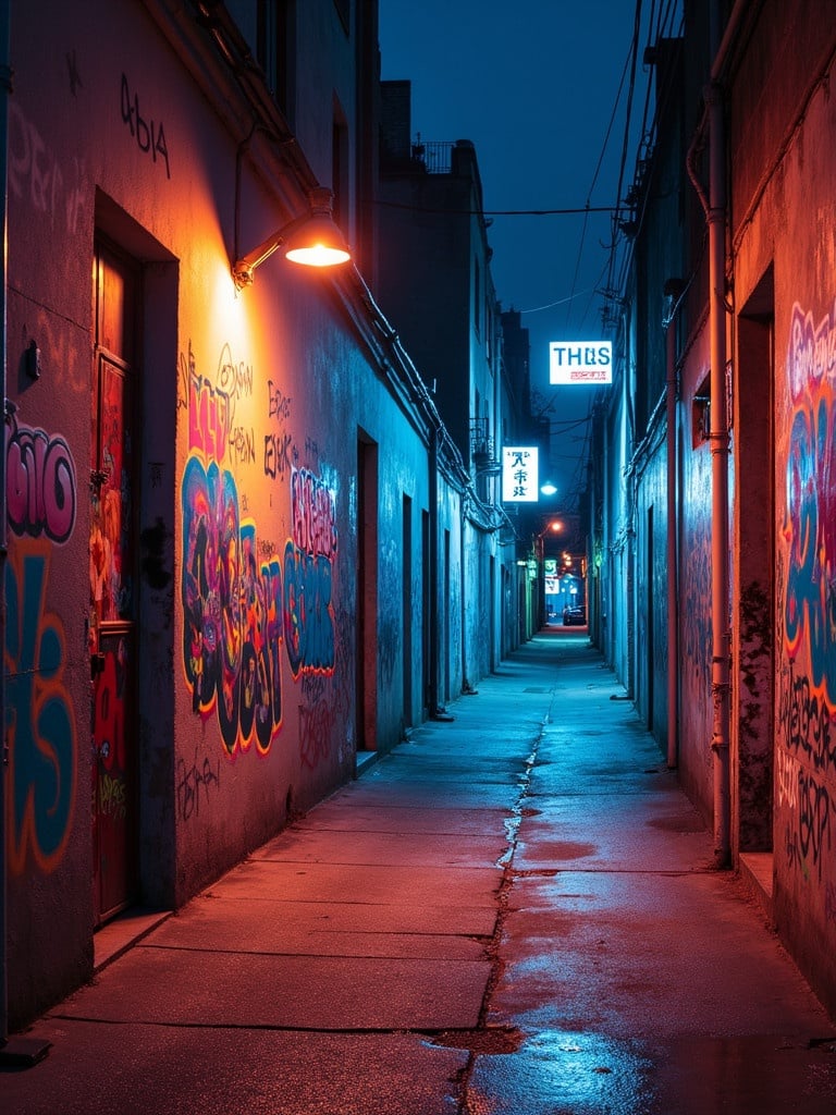 Urban streetwear scene featuring graffiti walls. Minimalist concrete street illuminated by neon lights. Alley setting evokes a modern urban vibe. Nighttime atmosphere with colorful reflections.