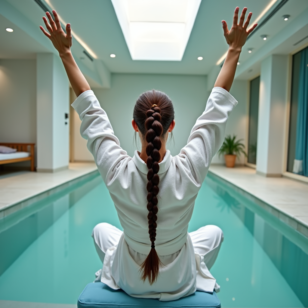 A person in a white robe meditates peacefully by an indoor pool with arms raised.