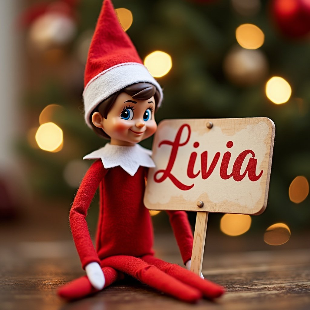 Elf figure dressed in red and white holds a sign that reads 'Livia'. Background has soft Christmas lights