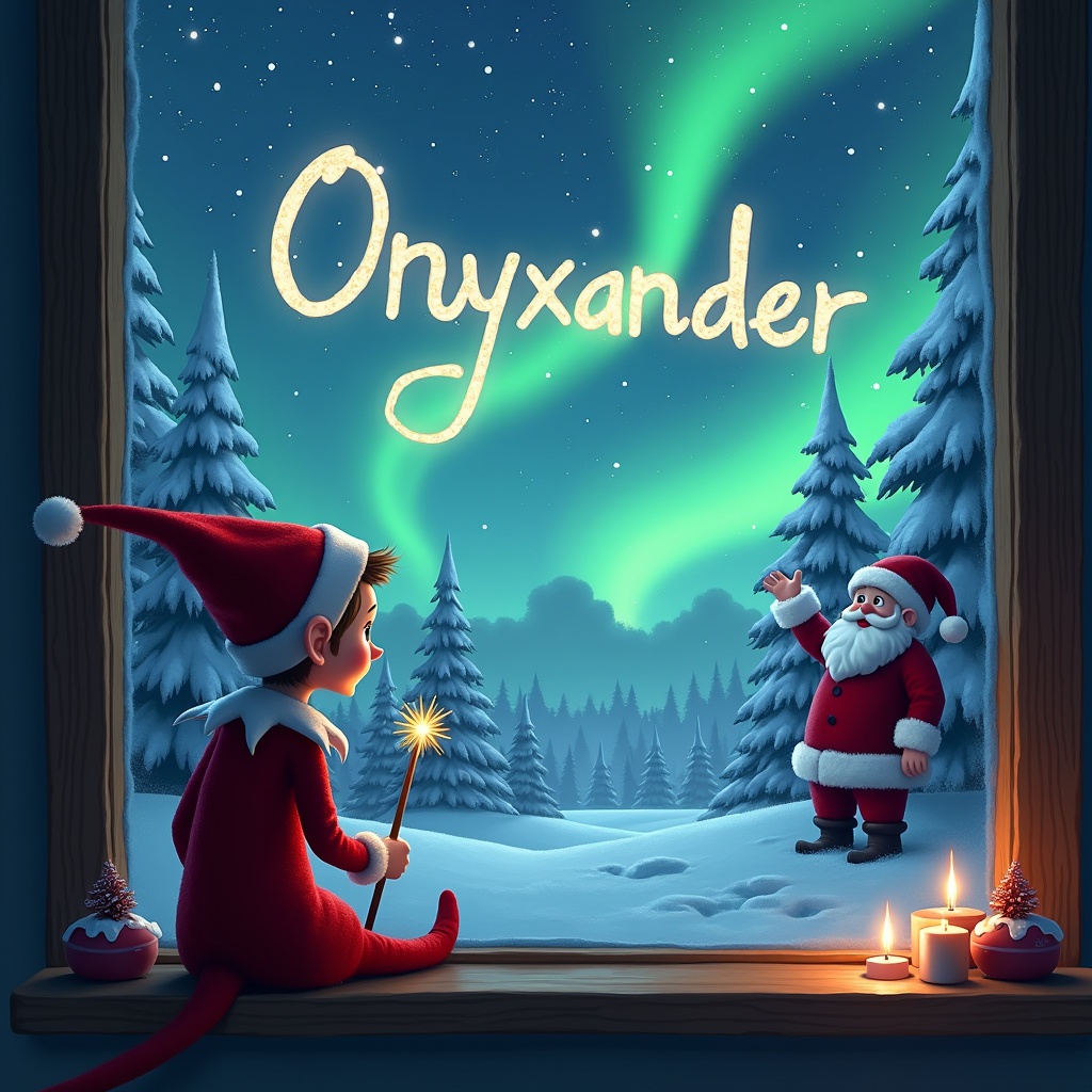 The image depicts an enchanting Christmas scene viewed from a cozy room. An elf on the shelf sits by a window, using a wand to write the name 'Onyxander' in the sky. Outside, a shimmering display of northern lights illuminates the snowy landscape. In the background, Santa Claus waves joyfully. The atmosphere is festive and warm, filled with the spirit of the holiday season, surrounded by snowy trees and soft candlelight.