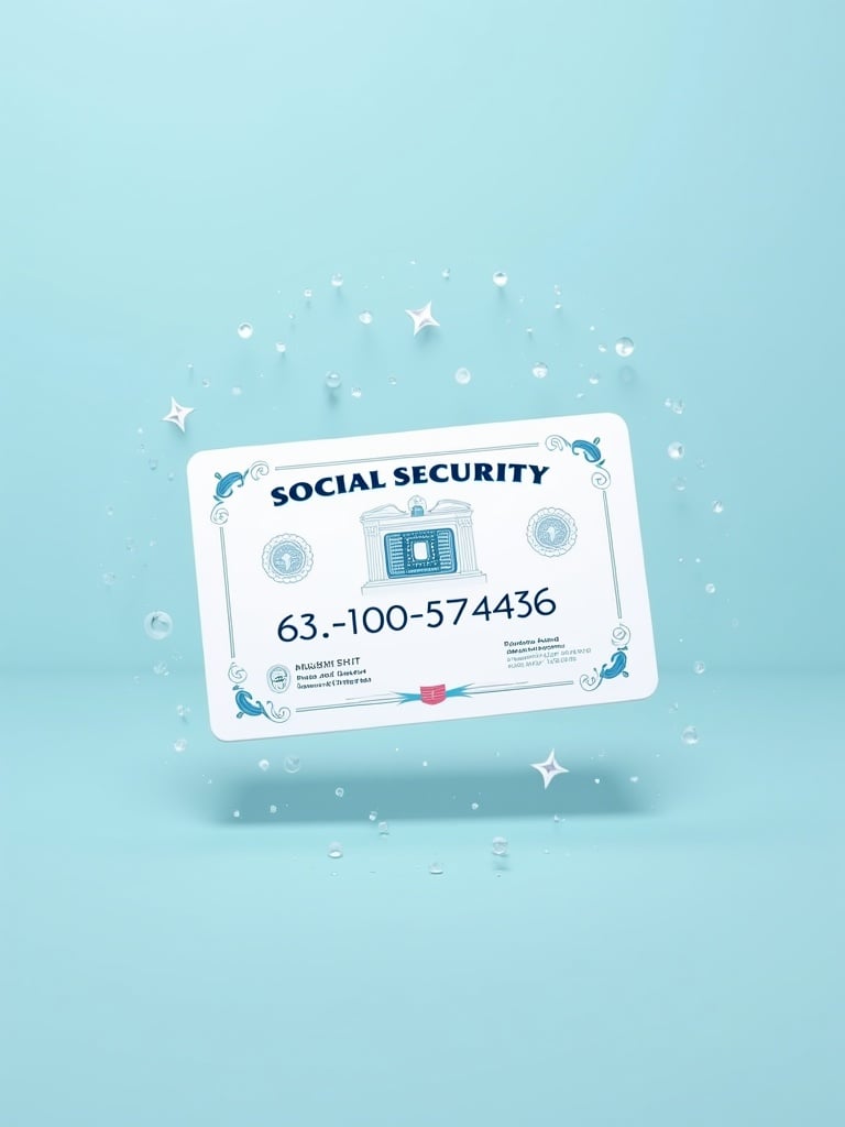 Generic social security card design. Prominent text SOCIAL SECURITY at the top. Key numbers shown are 63-100-574436. Graphic chip represents modern identification. Decorative elements indicate official nature. Background is soft blue color for visual appeal. Overall professional and clean design mirrors importance of social security identification.