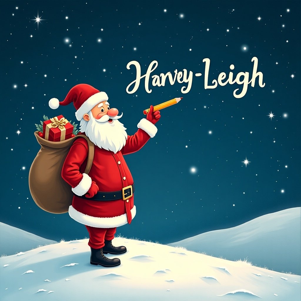 Santa Claus stands on a snowy hill under a starry night sky. He writes names in the sky with a pencil. Santa is in red and white attire. A large sack of gifts rests on his back. The name 'Harvey-Leigh' is in a whimsical font.