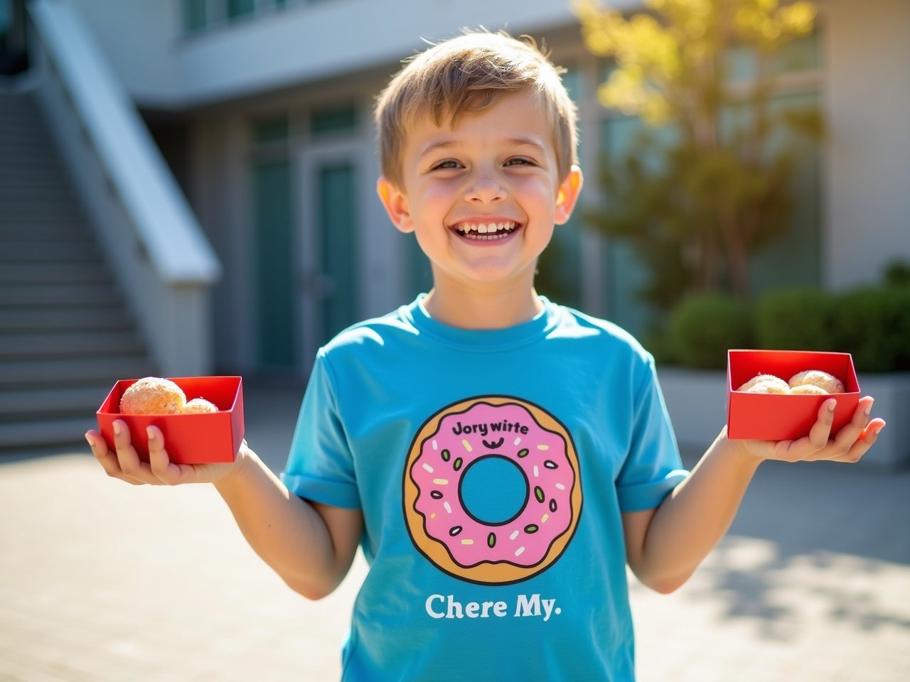 A young boy is standing outside with a cheerful expression on his face. He is wearing a bright blue t-shirt with a cartoon donut design that has a playful slogan. In each hand, he is holding a small red box containing treats. The background features a modern building with a staircase and some greenery, indicating a pleasant outdoor setting. The sunlight is shining, creating a warm and happy atmosphere. The boy seems excited and joyful, suggesting he's just received some delicious snacks.