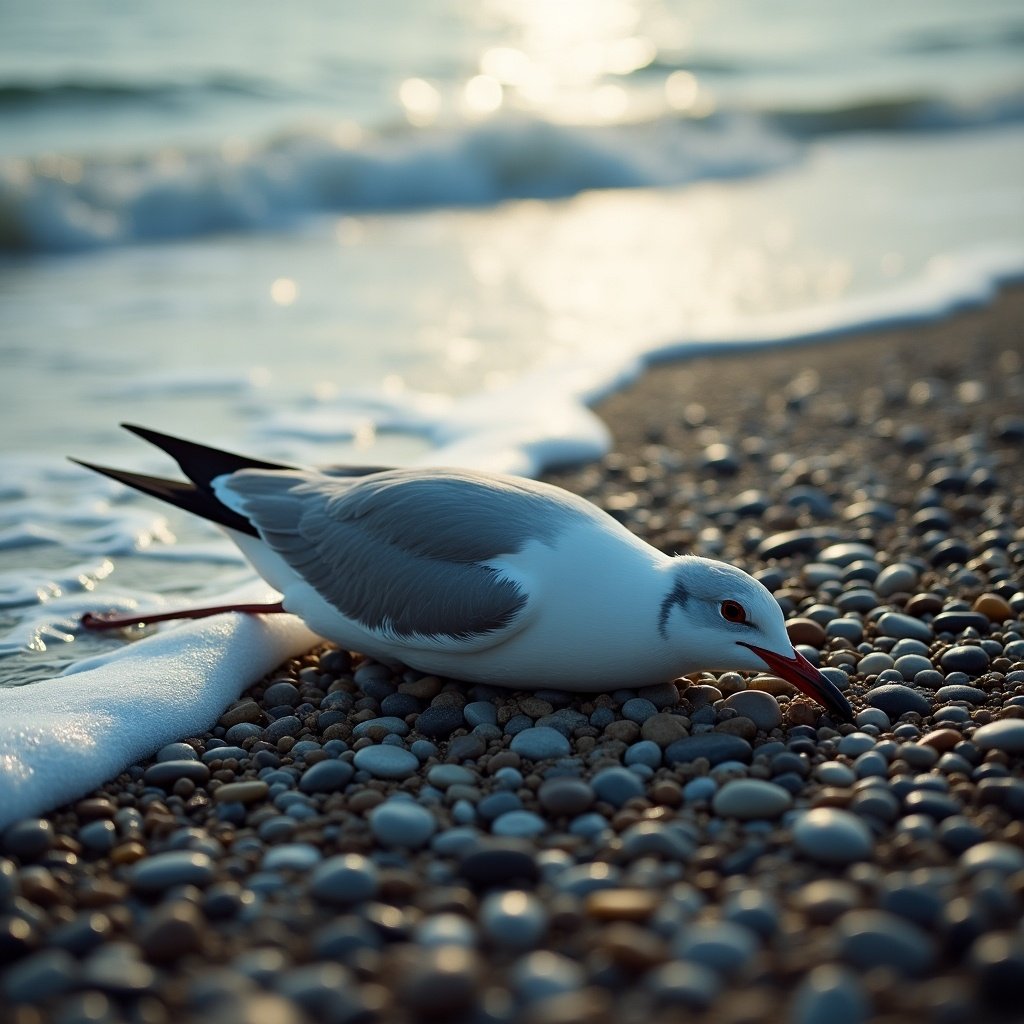 Dead seabird on pebble beach. Tide washes over pebbles. Dramatic natural light enhances serious subject.