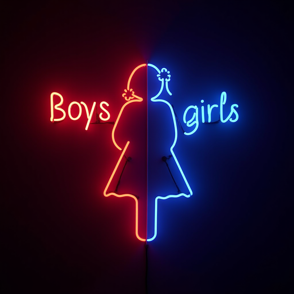 A neon sign divided into red 'Boys' and blue 'Girls' with corresponding silhouettes.