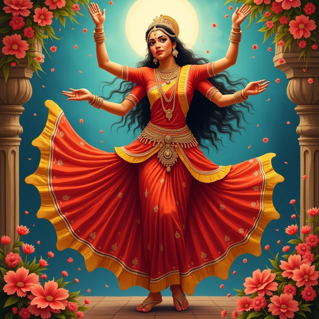 An elegant depiction of a divine dancer, embodying grace and artistry. She has multiple arms, each in a distinct pose, showcasing her dance movements. The dancer is adorned in a vibrant red and gold outfit with intricate jewelry. The background is filled with blooming flowers, enhancing the cultural essence. A soft, luminous light creates an ethereal ambiance around her. This image captures the spirit of traditional Indian dance and mythology, making it a stunning visual center-piece.