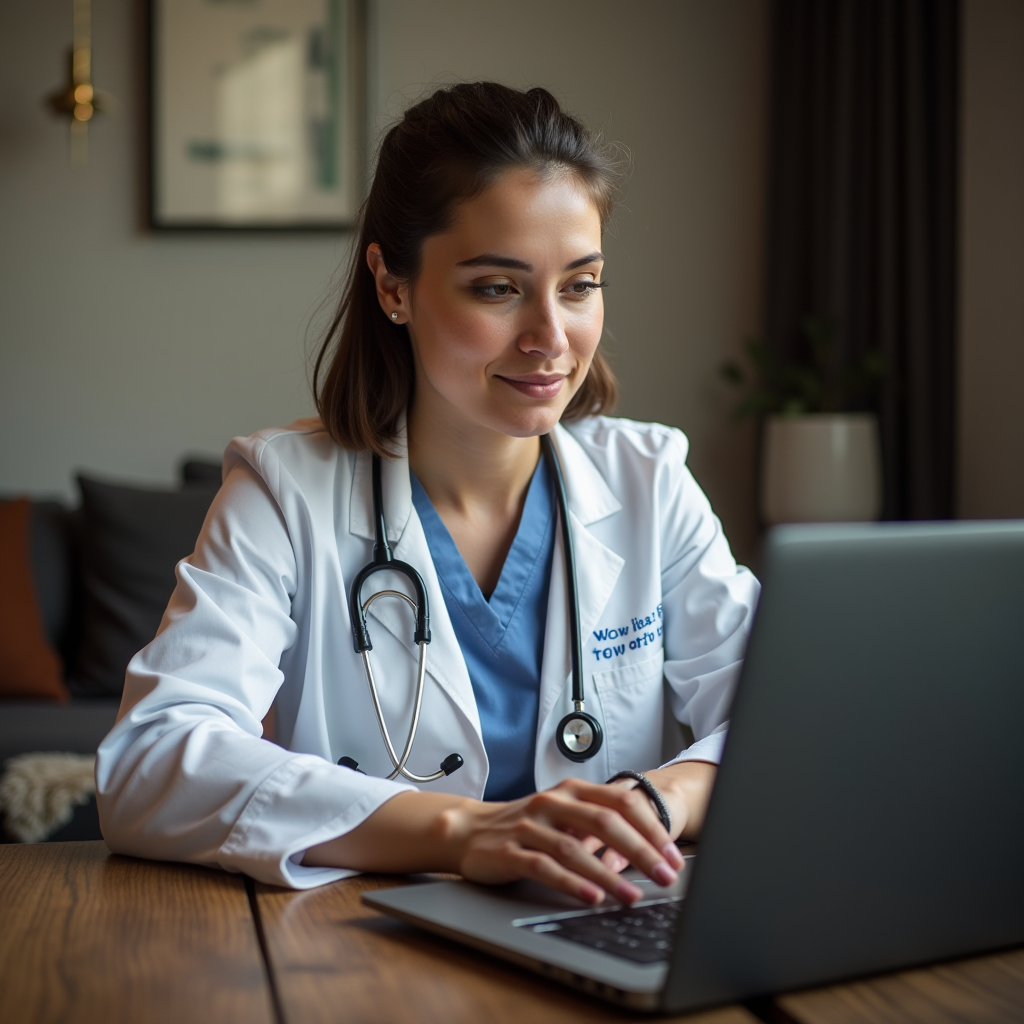 A doctor sits at a desk working on a laptop, wearing a white coat and a stethoscope.