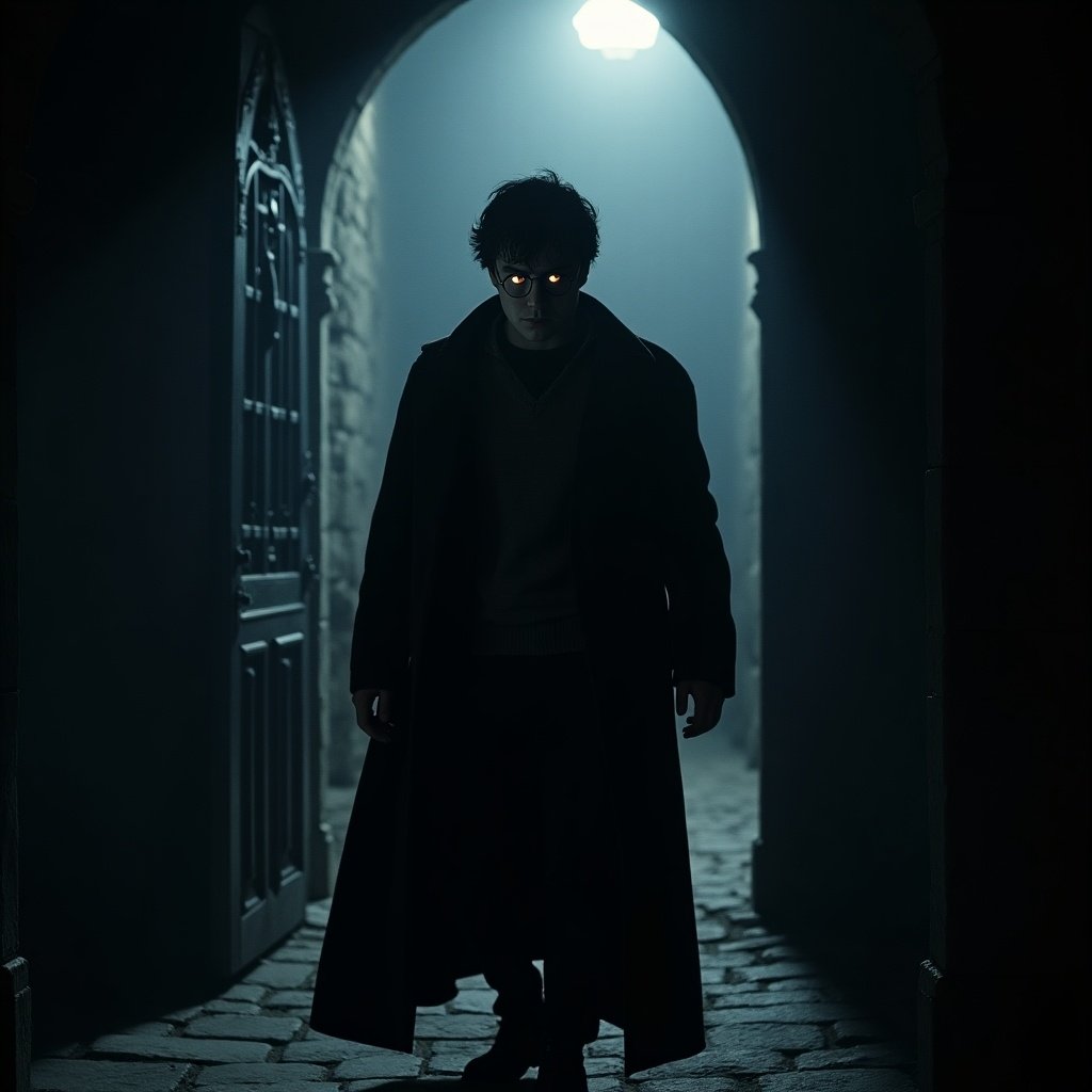 A cloaked figure stands in an archway at night. The scene is illuminated by a single light source. The figure appears to be sneaking out, displaying signs of anxiety. The setting is dark and conveys a sense of mystery.