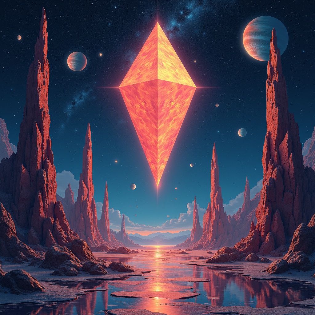 This artwork is designed for a space rock album. It features a surreal landscape with towering jagged rock formations against a starry cosmic background. At its center, a glowing irregular polyhedron illuminates the scene, casting reflections on the water below. The background is filled with stars and planets, enhancing the otherworldly atmosphere. The colors transition from deep blues to bright oranges, creating an electrifying and psychedelic vibe that captures the essence of space exploration and musical energy. The formations evoke the Pillars of Creation, rising dramatically into the cosmic backdrop.