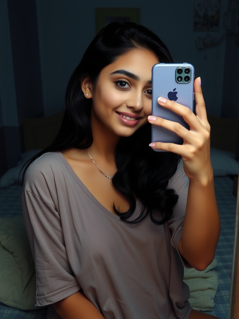 A young woman taking a mirror selfie with a smartphone, smiling brightly.