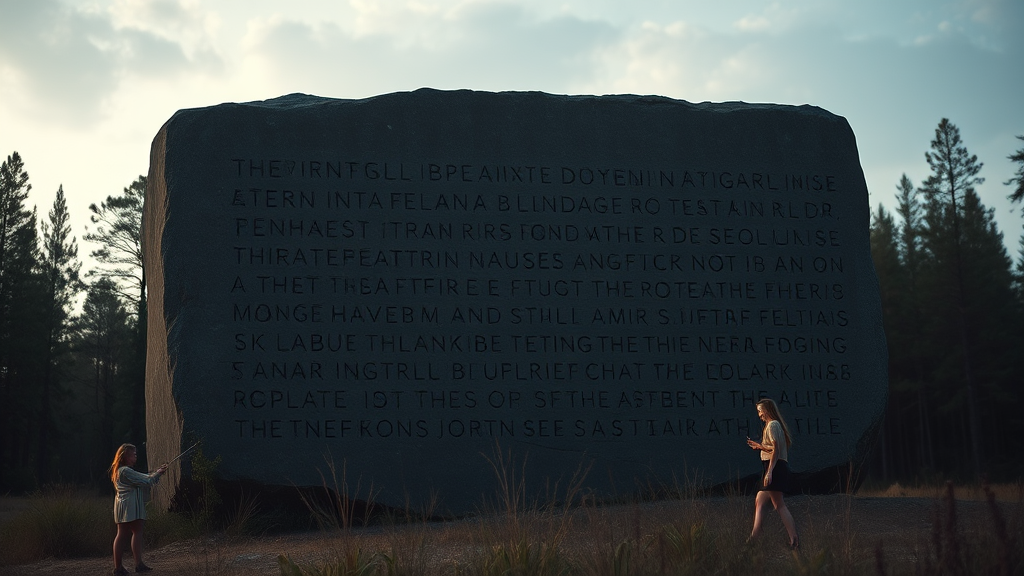 Two people examine a giant stone slab with mysterious inscriptions in a forest setting.