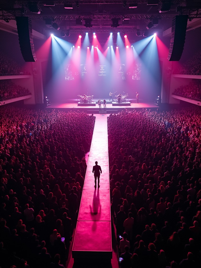 Aerial view of Roddy Rich performing at Madison Square Garden. The stage features a T-shaped runway. The audience is captivated by the performance. Bright stage lights shine in various colors.