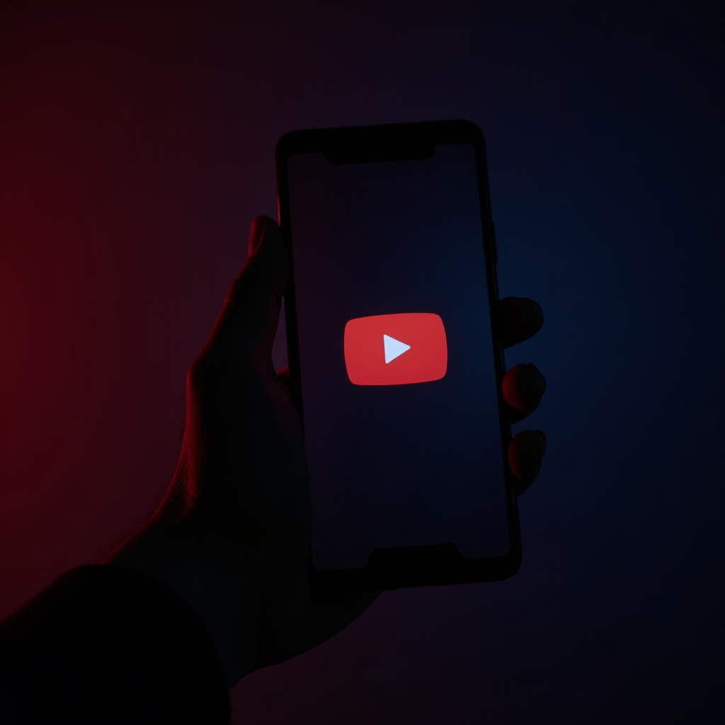 A hand is holding a smartphone displaying the YouTube logo, illuminated in dim lighting with red and blue tones.