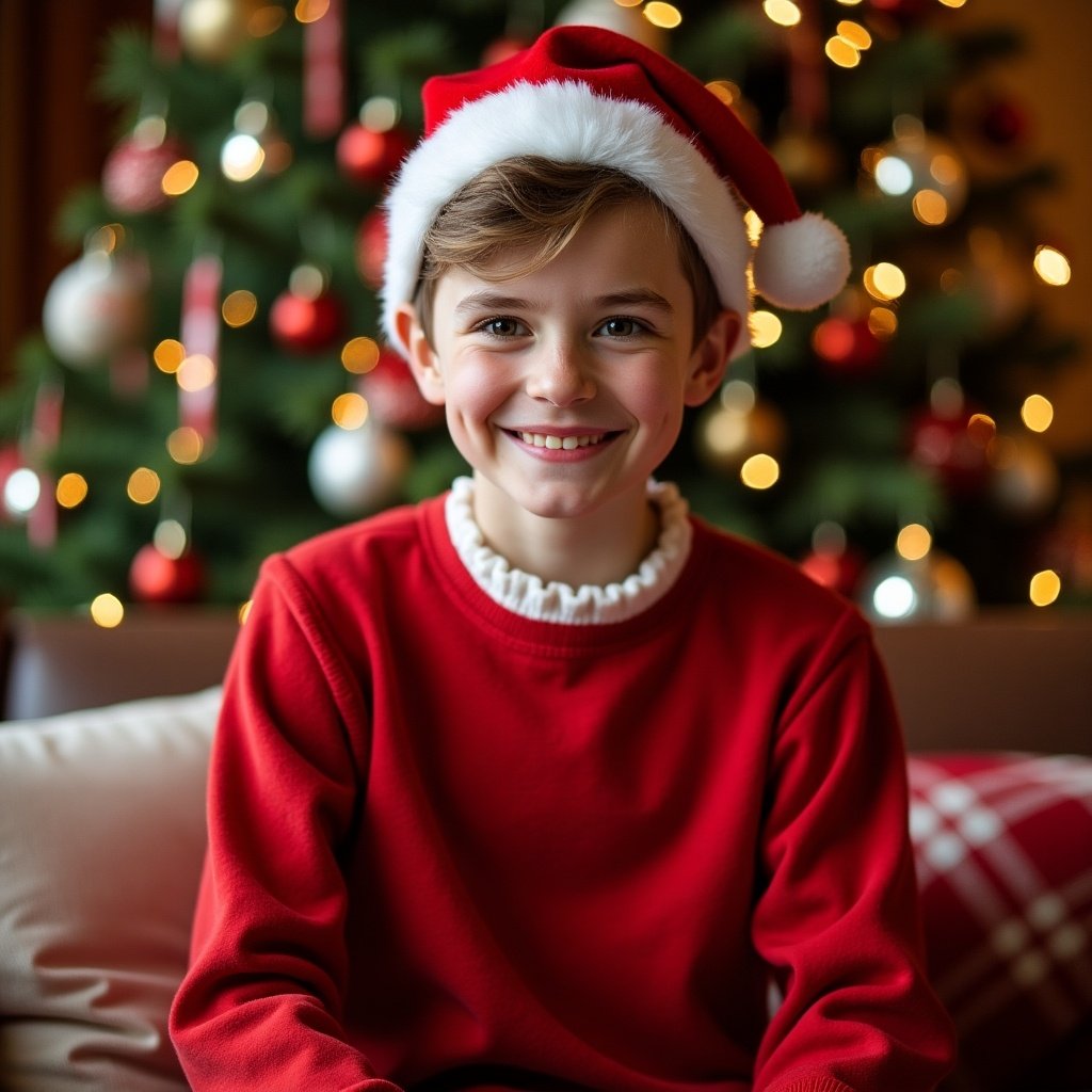 A child wearing a Santa hat sits smiling. Surrounded by festive decorations. Beautiful Christmas tree in the background. Evokes joy and warmth.