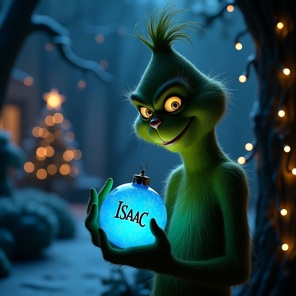 A serene night garden is depicted. The Grinch holds a glowing blue Christmas bauble. The bauble features the name ISAAC in an elegant script. Twinkling Christmas lights enhance the magical ambiance.