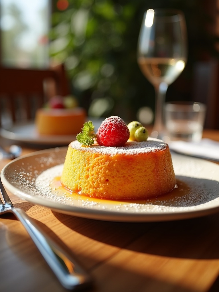 Mawa Cake elegantly presented on a wooden table. Sunlight illuminating the dessert. Vibrant garnishes include strawberries and green accents. Upscale dining setting with cutlery. New Year festive touch.