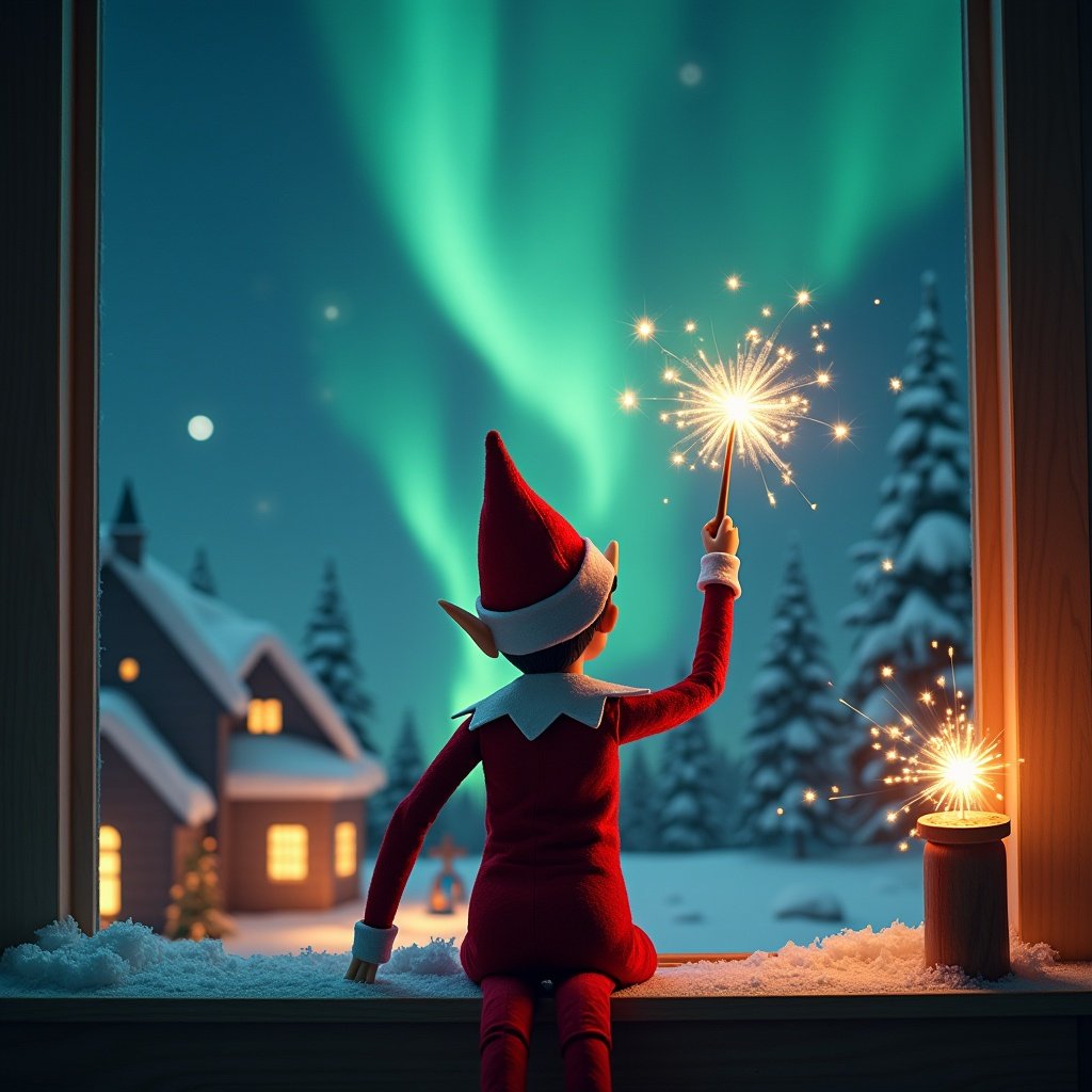 The image depicts a red elf on the shelf with his back to the viewer. He is facing a beautifully colored night sky filled with northern lights. In his hand, he holds a magical wand, writing the name 'Jenalyse' in sparkling light. The background showcases a picturesque winter scene, complete with snow-covered houses and a peaceful atmosphere. This scene encapsulates the essence of a magical Christmas eve, filled with wonder and joy.