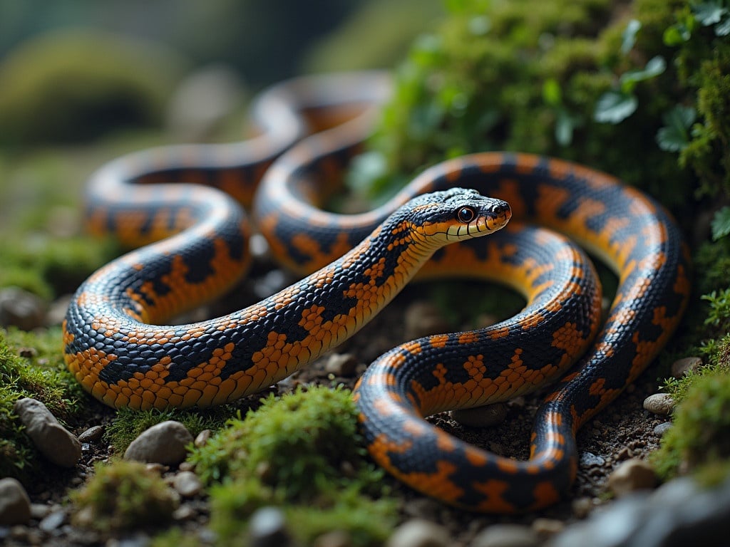 Snake shedding skin in a natural environment. The snake has vibrant black and orange scales. Background shows soft moss and rocks. Image captures the essence of wildlife.