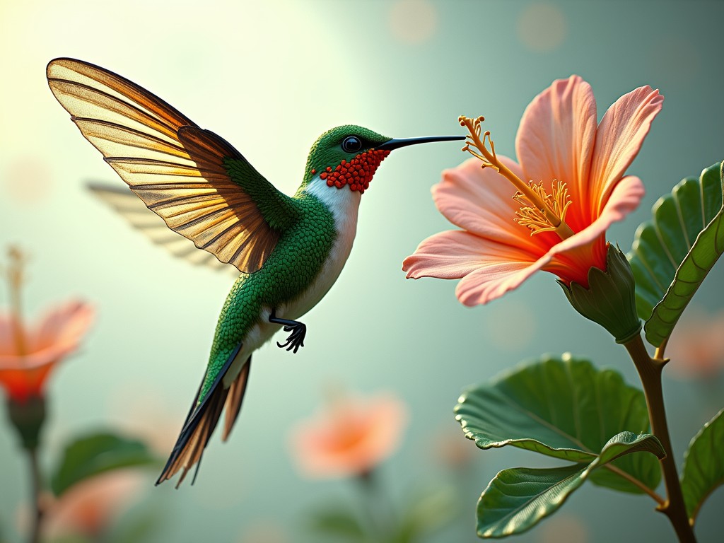 A vibrant hummingbird hovers gracefully beside a blooming hibiscus flower, its wings illuminated magically by soft sunlight. The intricate textures of the bird's feathers complement the delicate petals of the flower, creating a harmonious interaction between nature's beauty and life's fleeting moments.