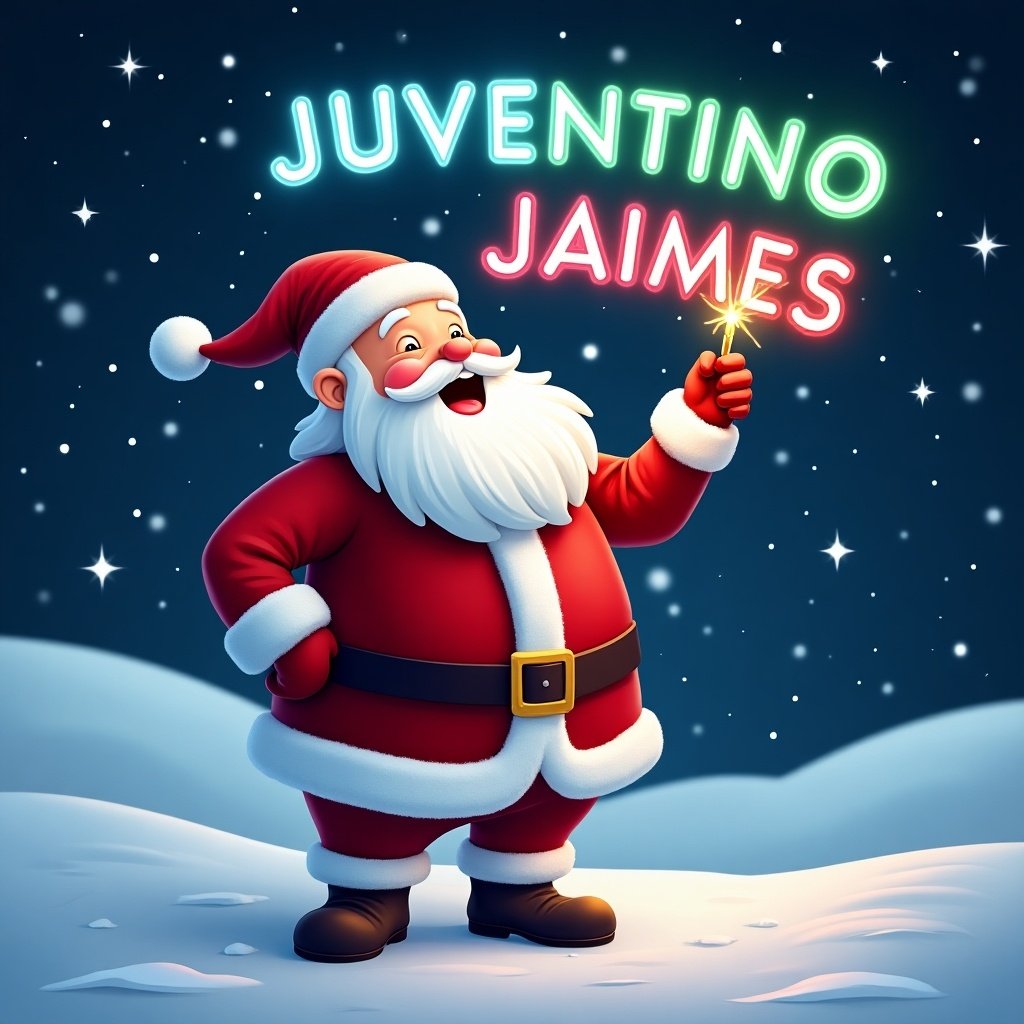 Jolly Santa Claus in snowy landscape dressed in classic red and white outfit. Santa joyfully writing name 'JUVENTINO JAIMES' in night sky using colorful glow pen. Background includes twinkling stars and soft falling snow. Cheerful expression brings warmth to scene. Colorful name adds festive spirit.