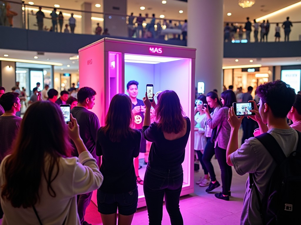 A vibrant scene in a shopping center where a group of people are taking photos of a person standing inside a colorful, illuminated booth. The booth is surrounded by onlookers, all engaged with their smartphones. The atmosphere is lively, with bright pink and purple lights creating an appealing visual setting. This interactive setup draws attention and encourages social media sharing. The crowd's excitement is palpable as they capture the moment. The setting highlights modern technology in a retail environment.