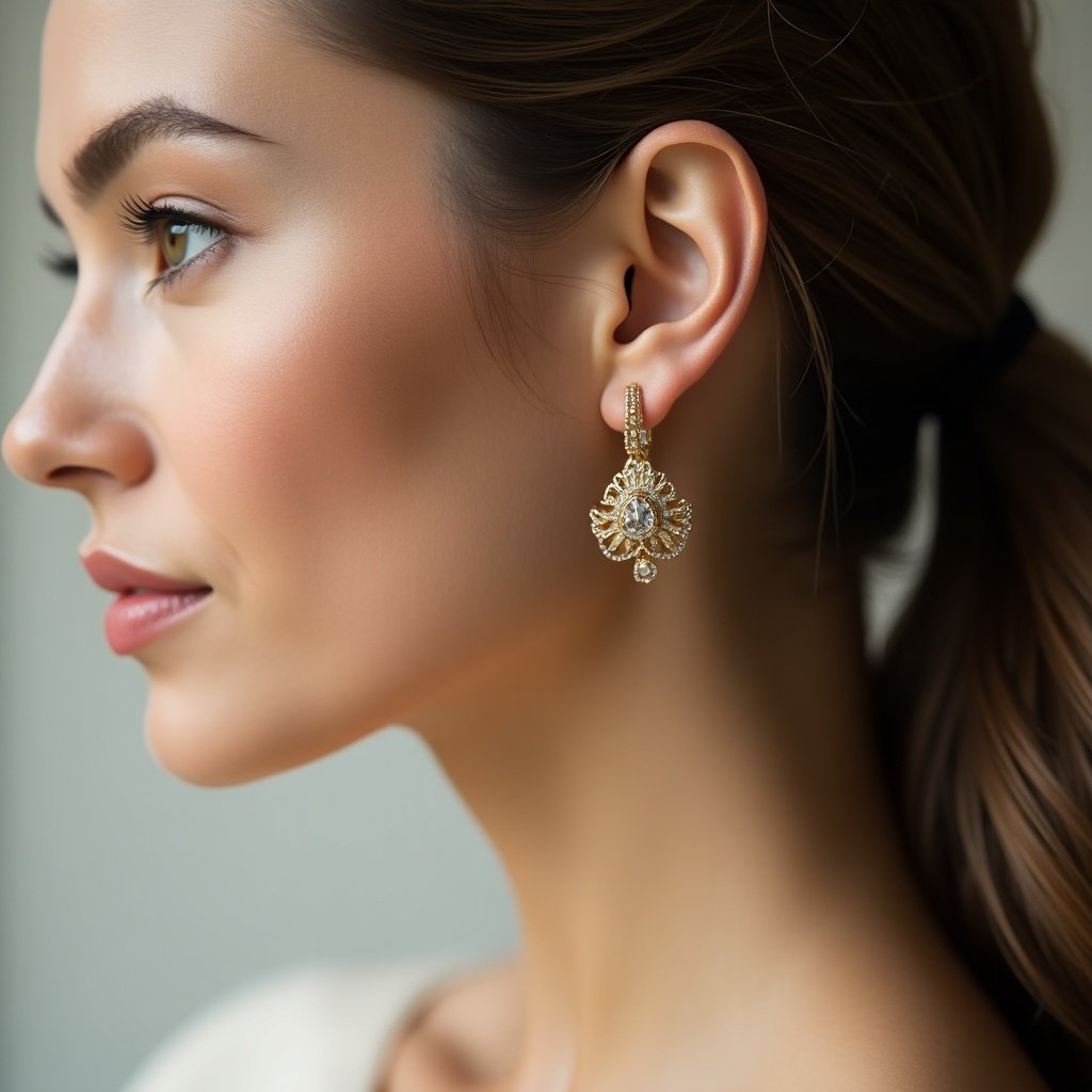 Photo featuring elegant earrings on a model. Side profile highlights jewelry details and skin tones.