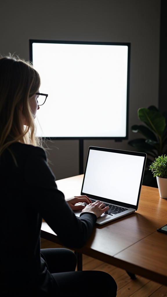 A person sits at a desk using a laptop, with a bright light illuminating the scene.