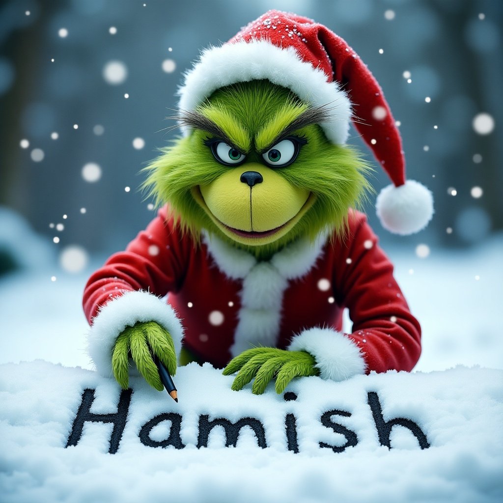 Grinch wearing a Santa suit writes name 'Hamish' in the snow. Snowflakes fall softly in the background. The setting is wintry and festive.