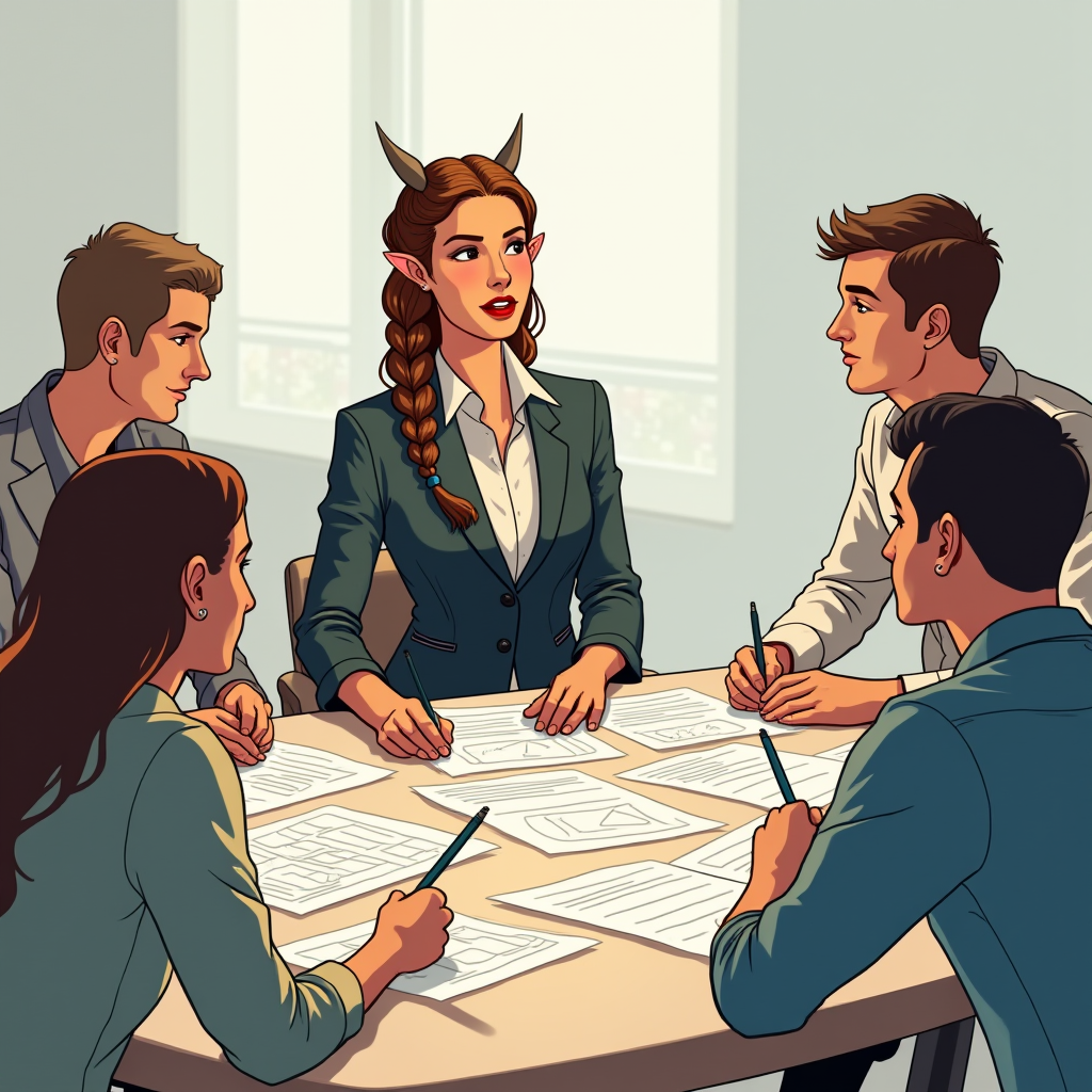 A group of people, including a woman with horns and pointed ears, are engaged in a meeting around a table with papers.