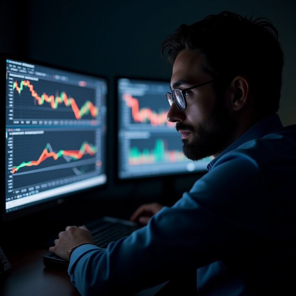 Individual analyzing stock charts on two monitors. Room is dimly lit. Strong focus on screens displaying financial data.