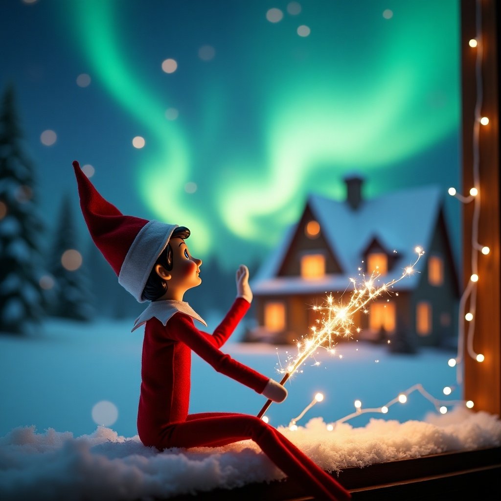 Elf on the shelf gazing upward. Holds glowing wand emitting sparkling light. Background features Christmas scene with northern lights. Cozy house in the distance, adorned with holiday decorations. Snow-covered ground enhances winter ambiance. Elf in a playful pose showcasing joy of holiday season. Names Bella-Rose and Noah written in air by wand.